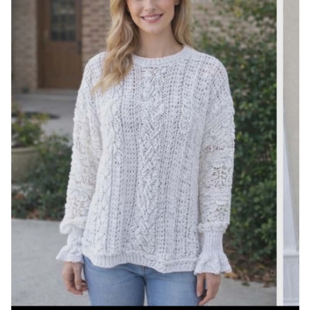 AMAZON White Crochet & Embroidery Knit Ruffled Cuff Lightweight Sweater S NWOT - Picture 2 of 9